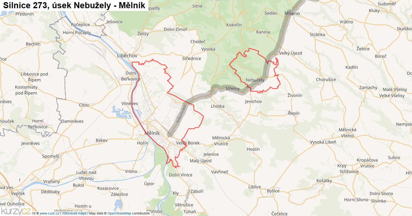 Úsek Nebužely - Mělník, Silnice 273 - Mapa