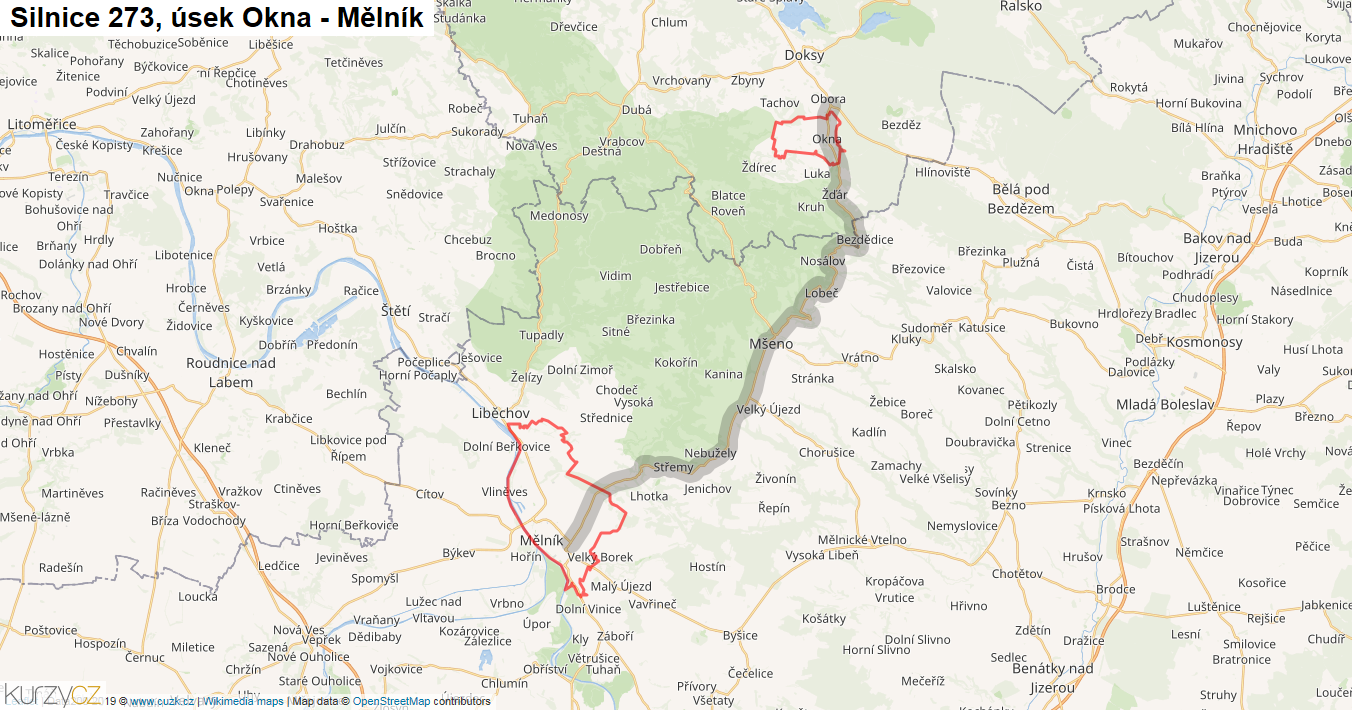 Úsek Okna - Mělník, Silnice 273 - Mapa