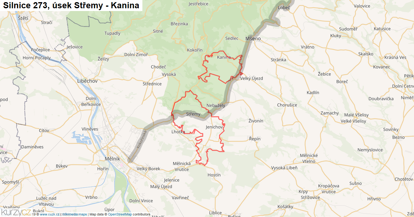 Úsek Střemy - Kanina, Silnice 273 - Mapa