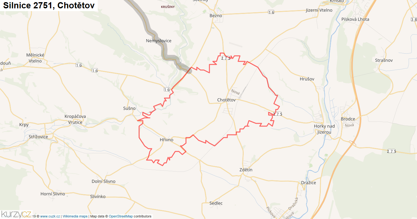 Chotětov, Silnice 2751 - Mapa