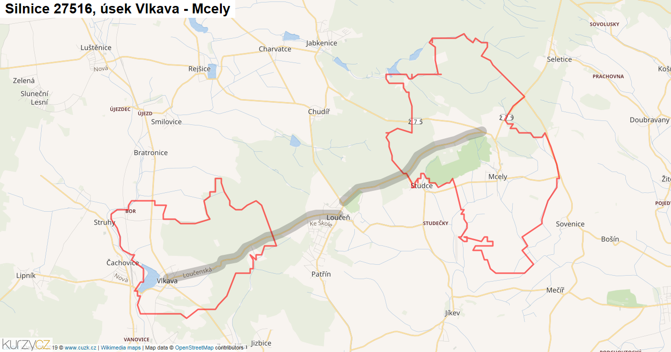 Úsek Vlkava - Mcely, Silnice 27516 - Mapa