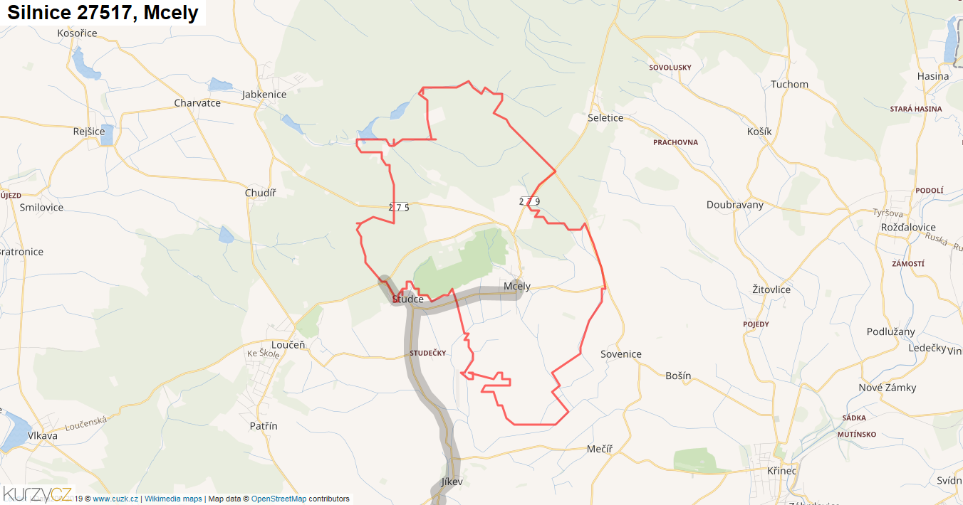 Mcely, Silnice 27517 - Mapa