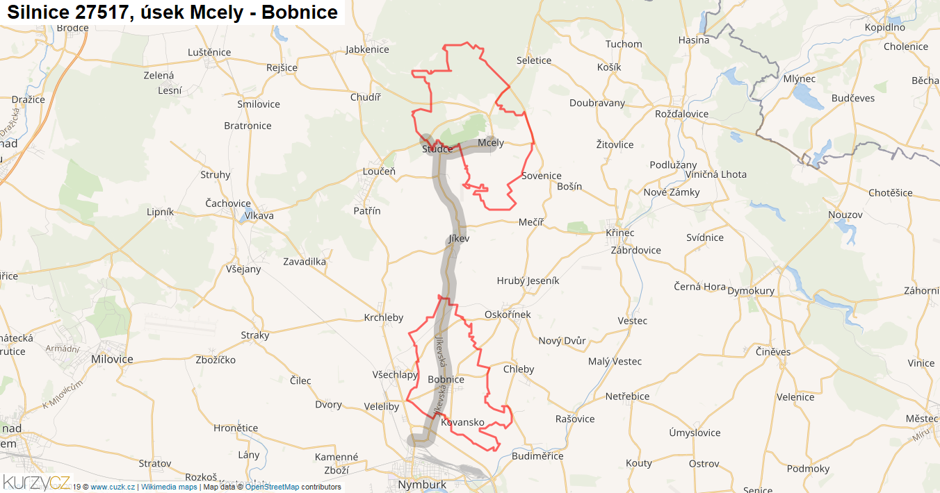 Úsek Mcely - Bobnice, Silnice 27517 - Mapa
