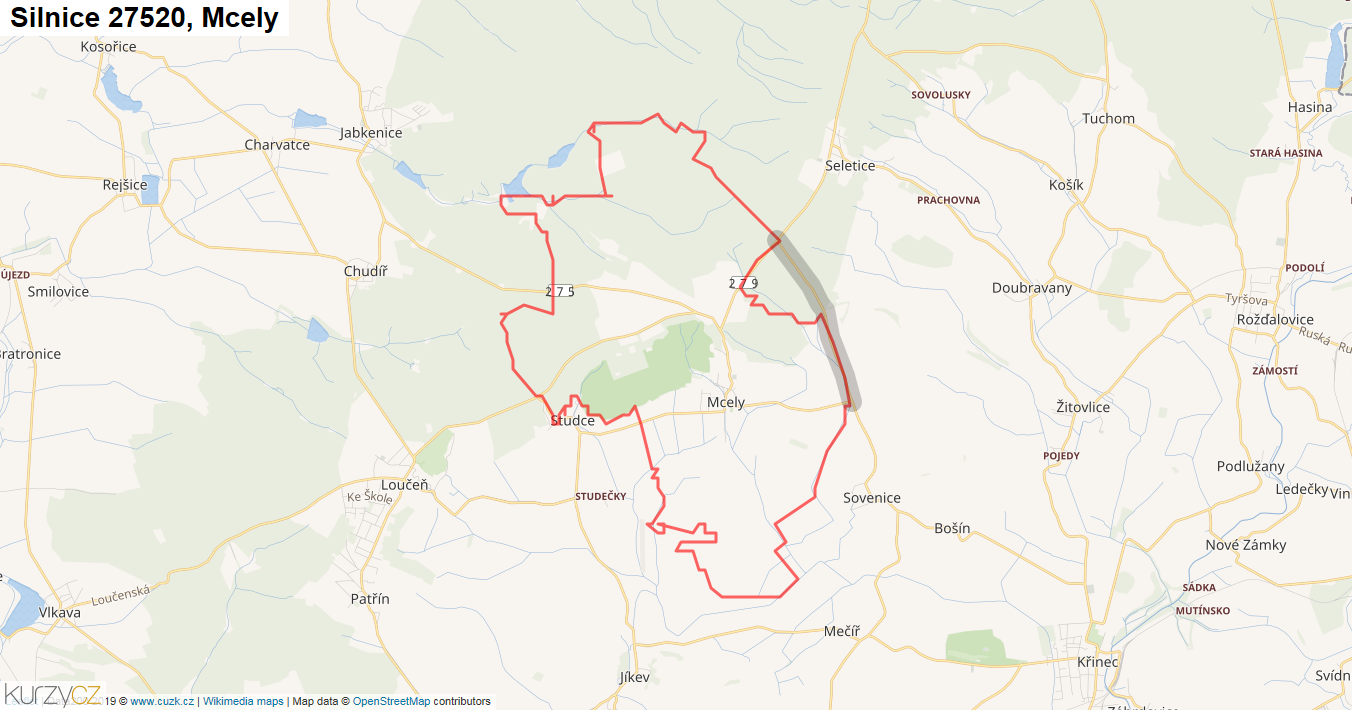 Mcely, Silnice 27520 - Mapa