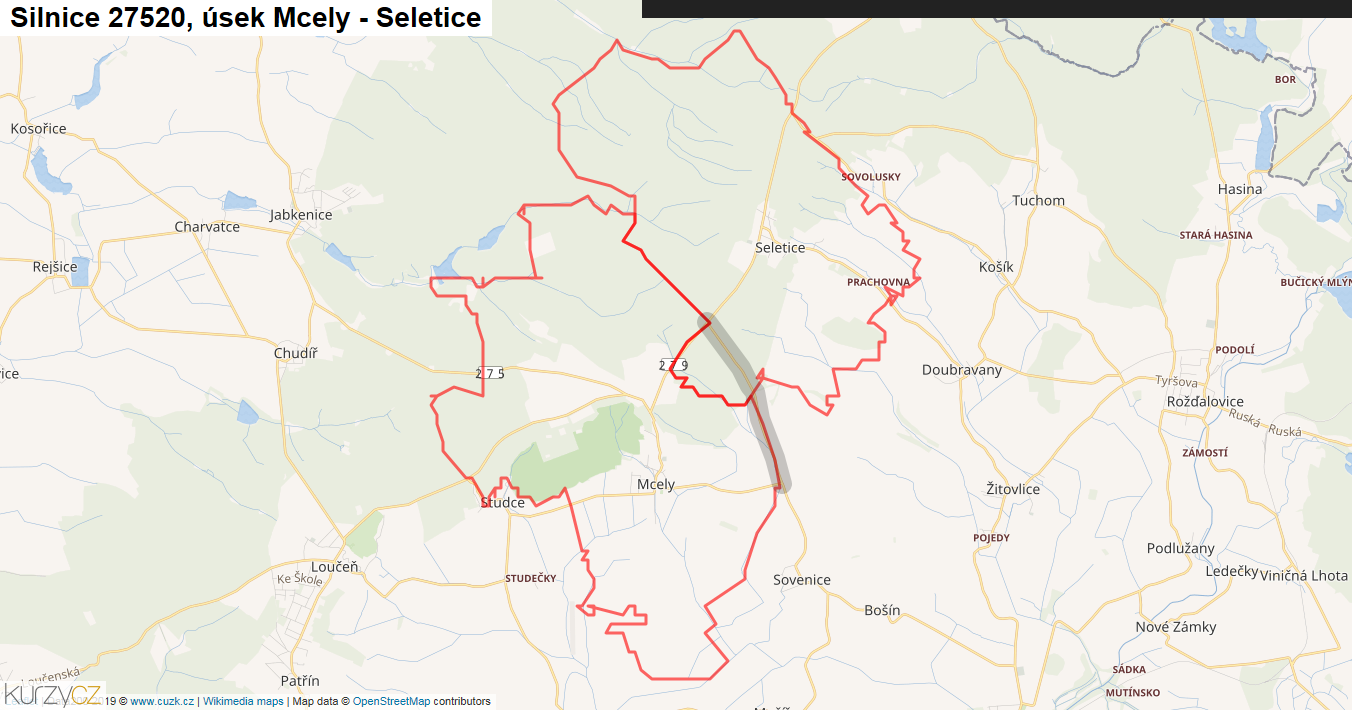 Úsek Mcely - Seletice, Silnice 27520 - Mapa