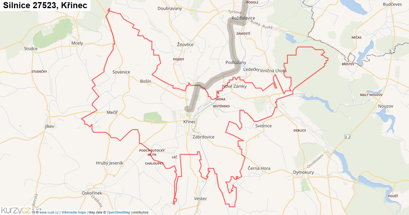 Křinec, Silnice 27523 - Mapa