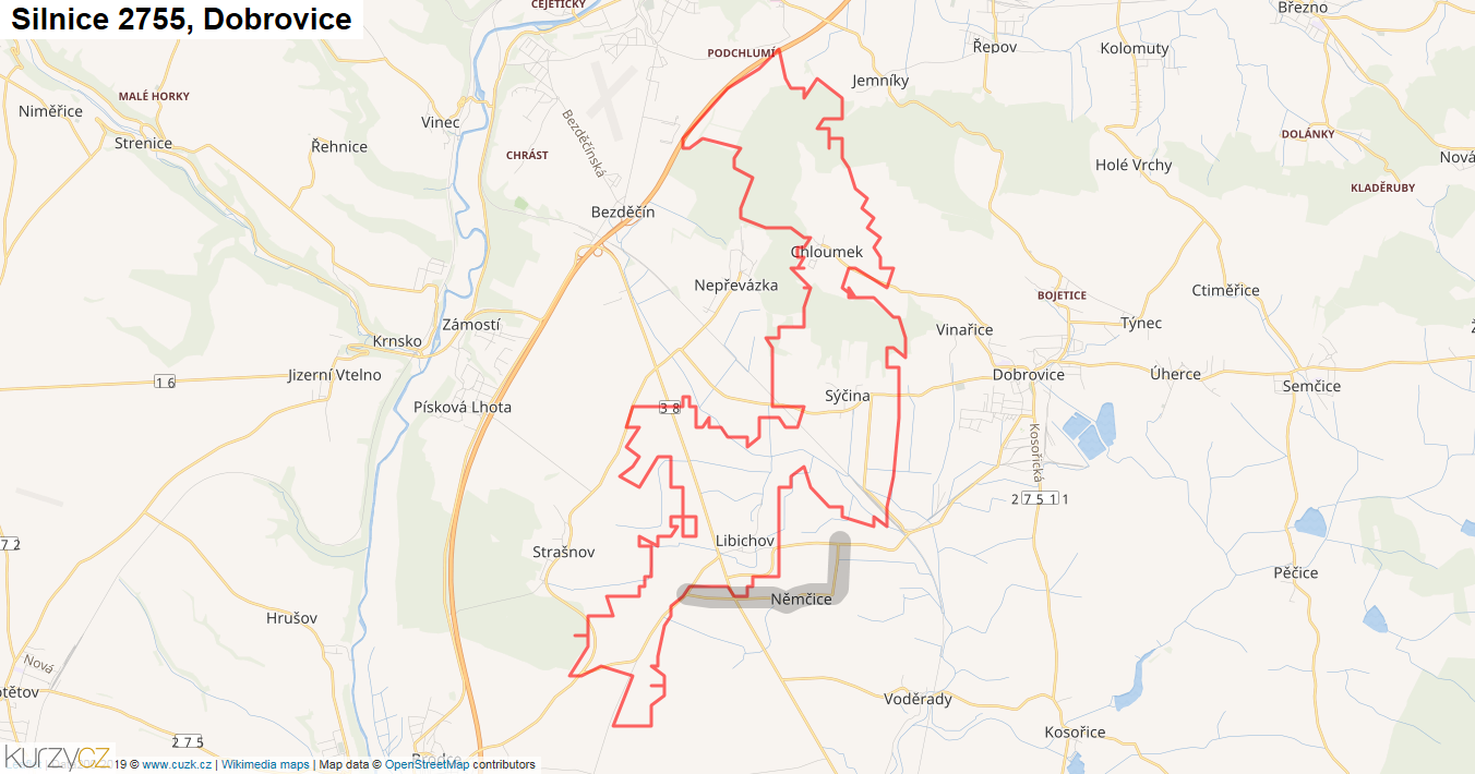 Dobrovice, Silnice 2755 - Mapa
