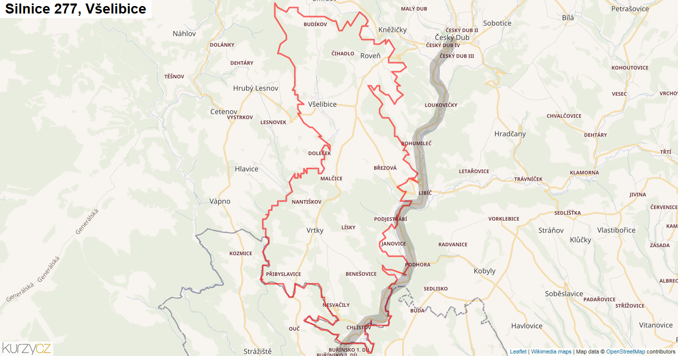 Všelibice, Silnice 277 - Mapa