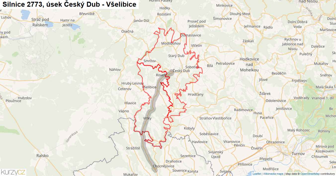 Úsek Český Dub - Všelibice, Silnice 2773 - Mapa