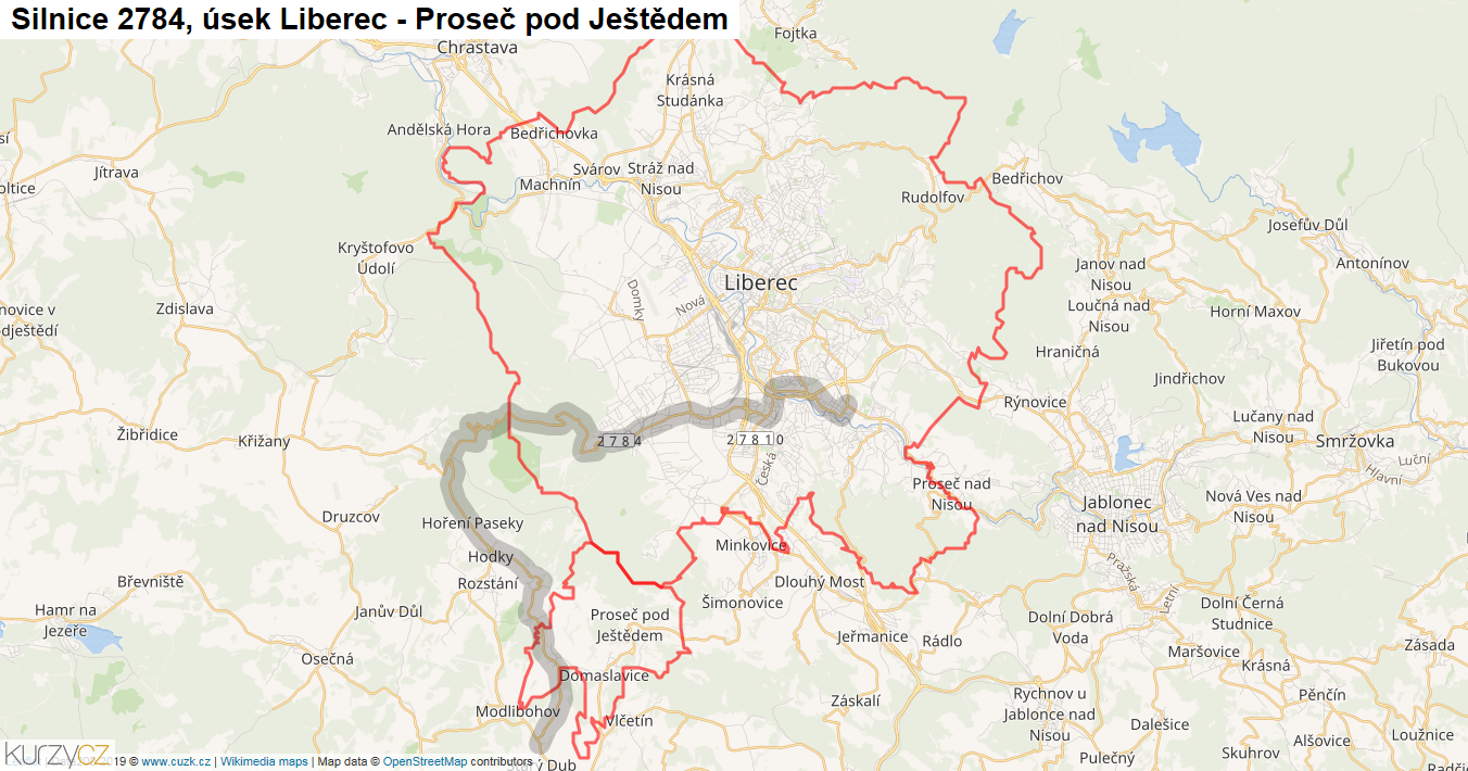 Úsek Liberec - Proseč pod Ještědem, Silnice 2784 - Mapa