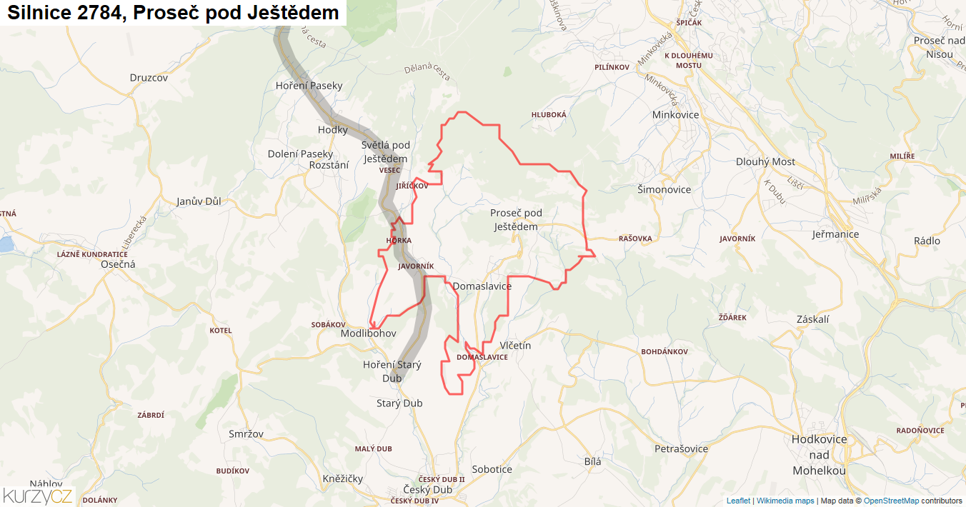 Proseč pod Ještědem, Silnice 2784 - Mapa