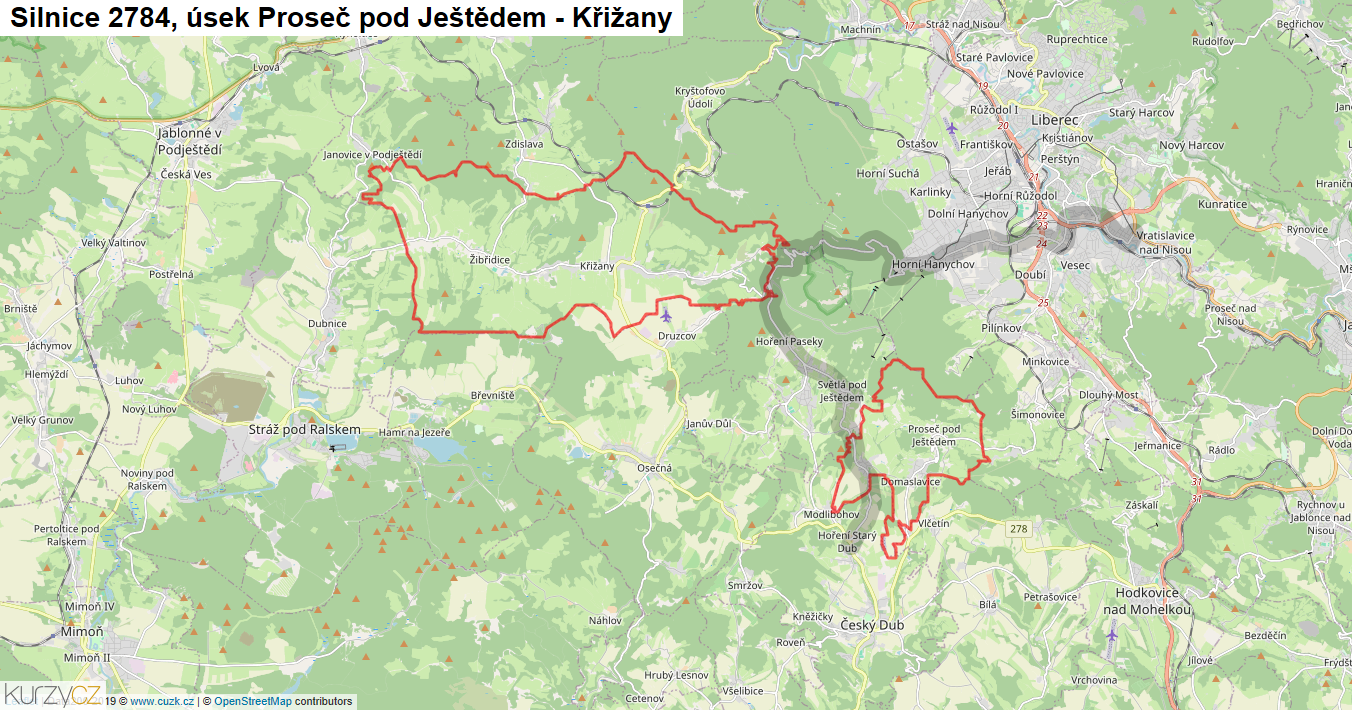 Úsek Proseč pod Ještědem - Křižany, Silnice 2784 - Mapa