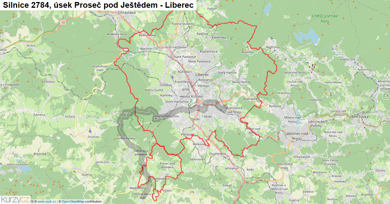 Úsek Proseč pod Ještědem - Liberec, Silnice 2784 - Mapa