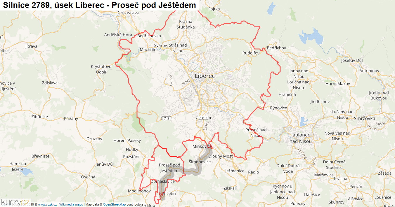 Úsek Liberec - Proseč pod Ještědem, Silnice 2789 - Mapa