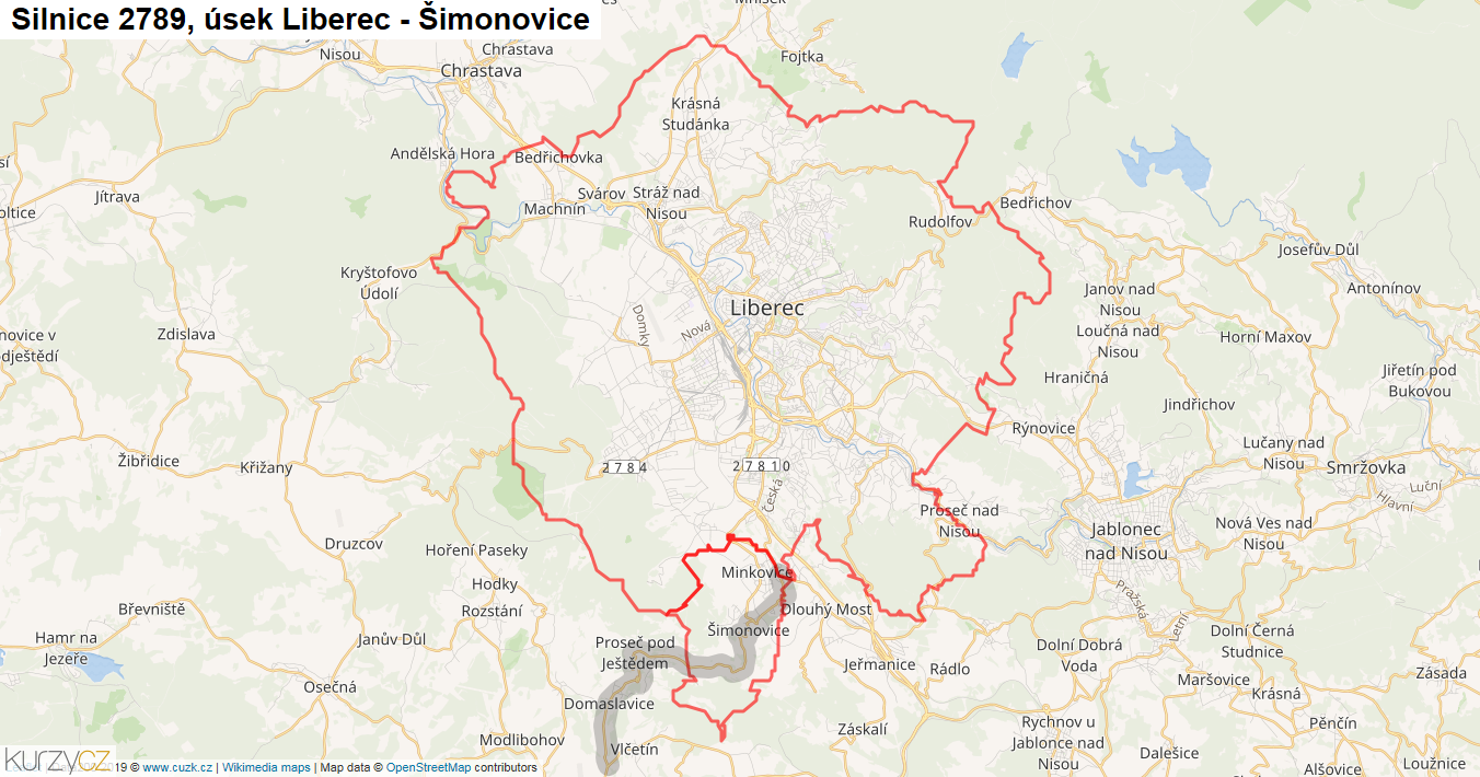 Úsek Liberec - Šimonovice, Silnice 2789 - Mapa