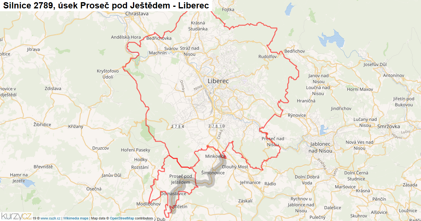 Úsek Proseč pod Ještědem - Liberec, Silnice 2789 - Mapa
