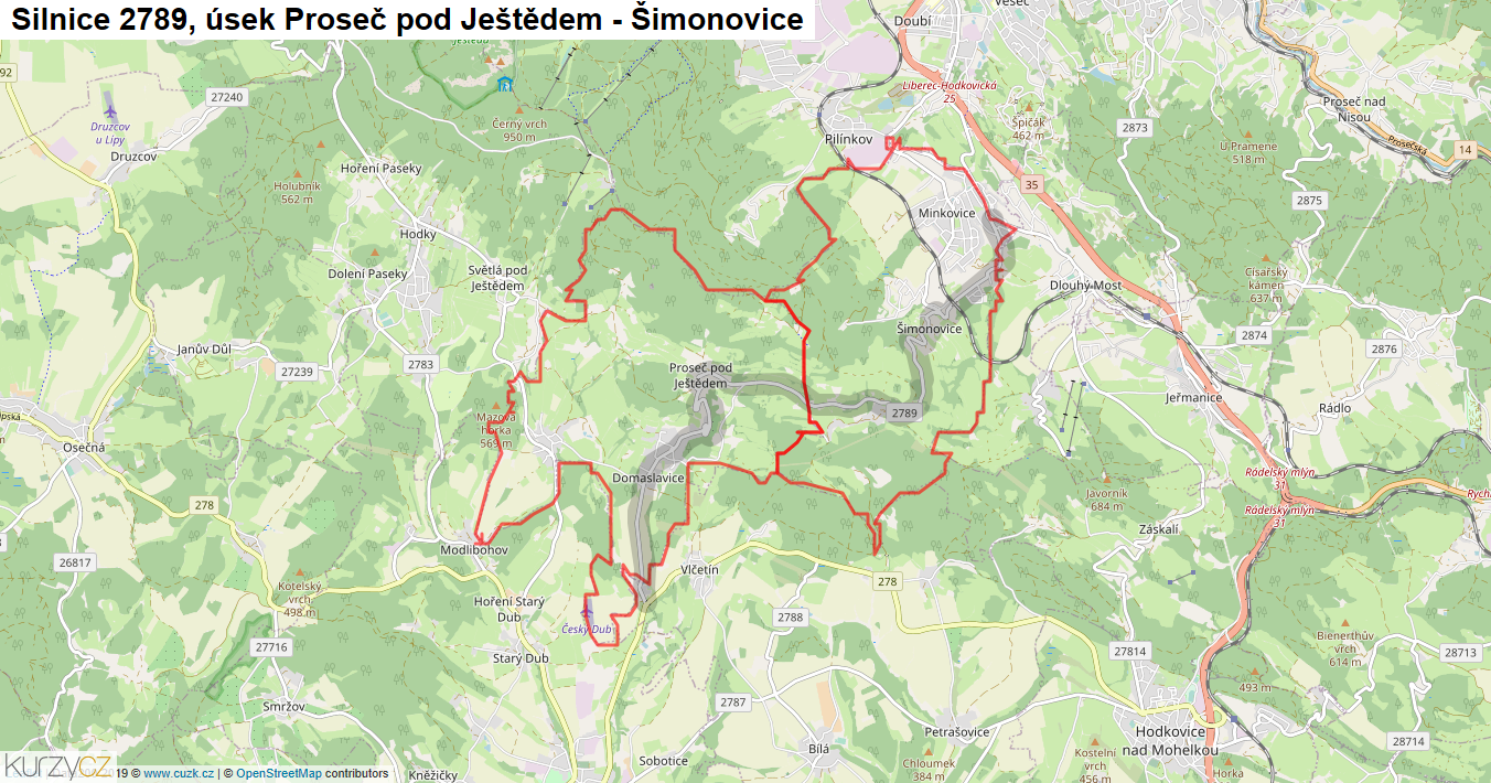 Úsek Proseč pod Ještědem - Šimonovice, Silnice 2789 - Mapa