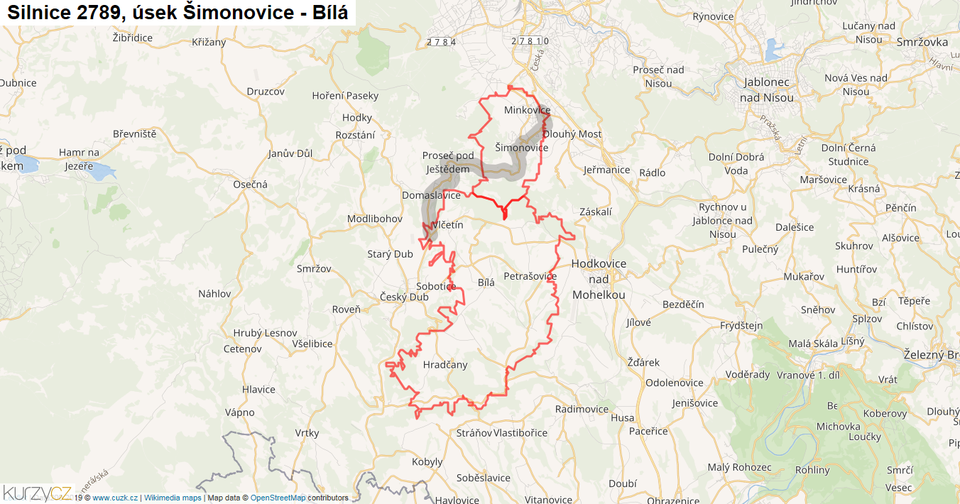 Úsek Šimonovice - Bílá, Silnice 2789 - Mapa