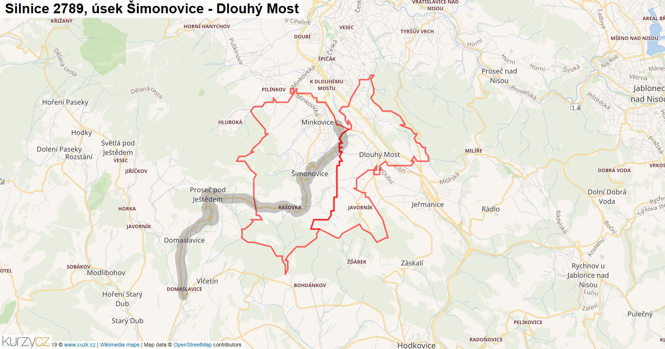Úsek Šimonovice - Dlouhý Most, Silnice 2789 - Mapa