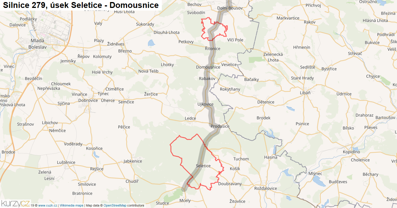 Úsek Seletice - Domousnice, Silnice 279 - Mapa