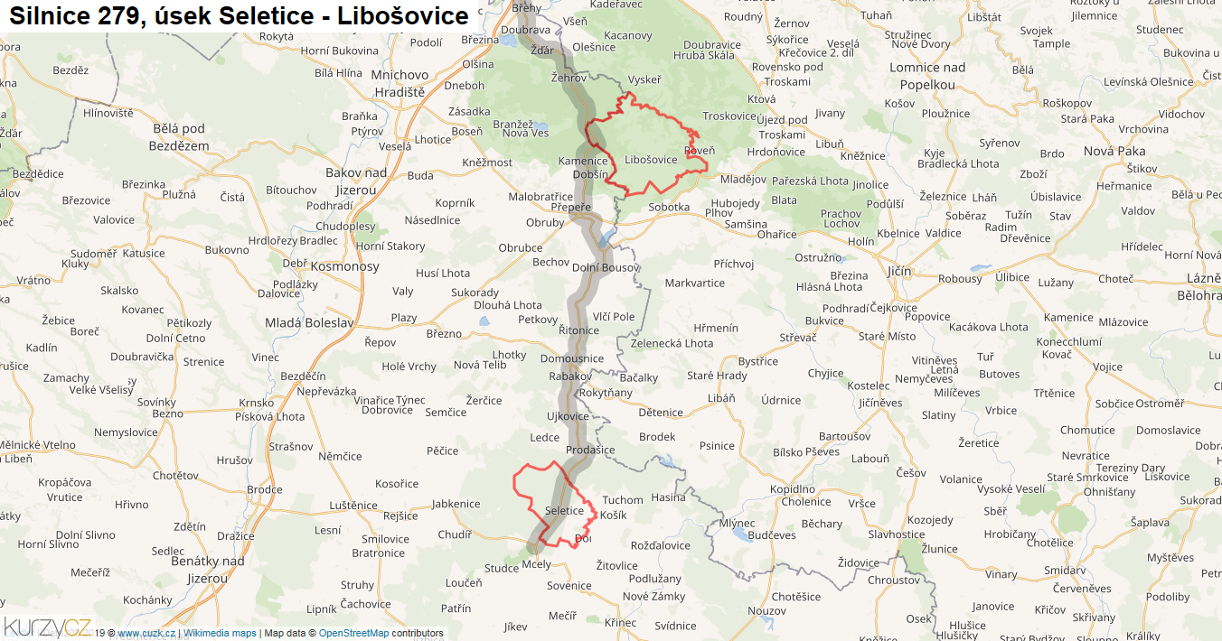 Úsek Seletice - Libošovice, Silnice 279 - Mapa
