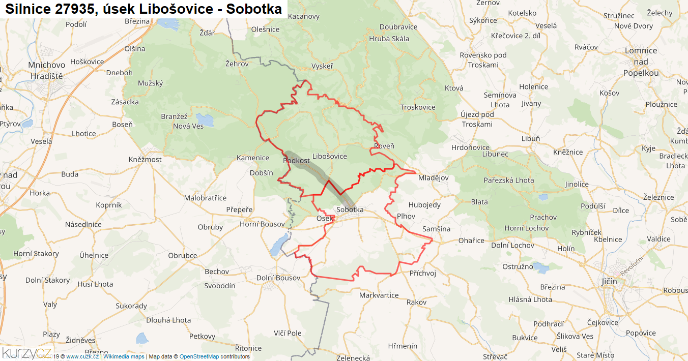 Úsek Libošovice - Sobotka, Silnice 27935 - Mapa