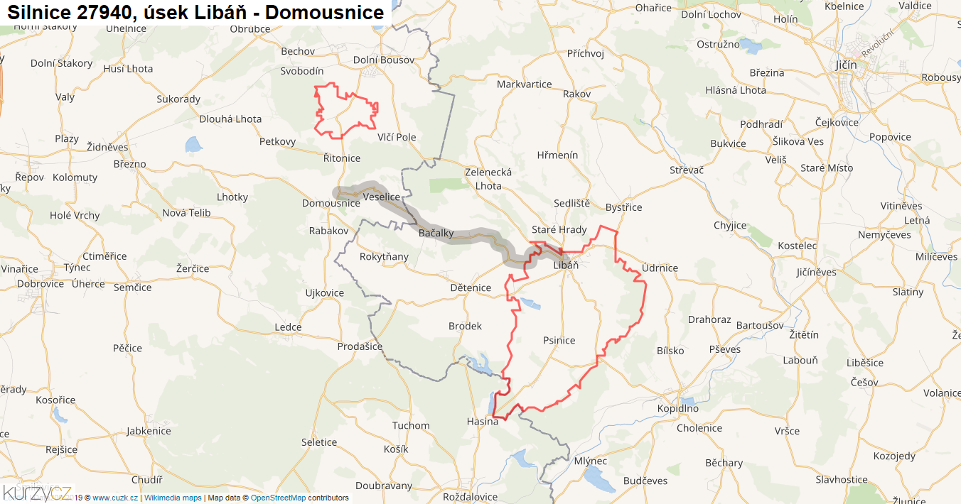 Úsek Libáň - Domousnice, Silnice 27940 - Mapa