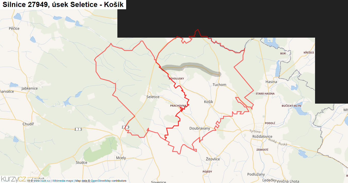 Úsek Seletice - Košík, Silnice 27949 - Mapa