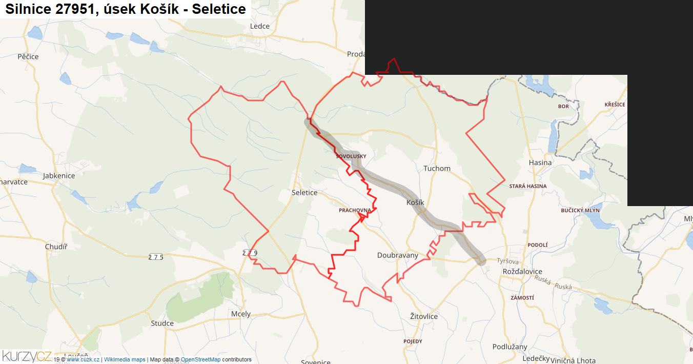 Úsek Košík - Seletice, Silnice 27951 - Mapa