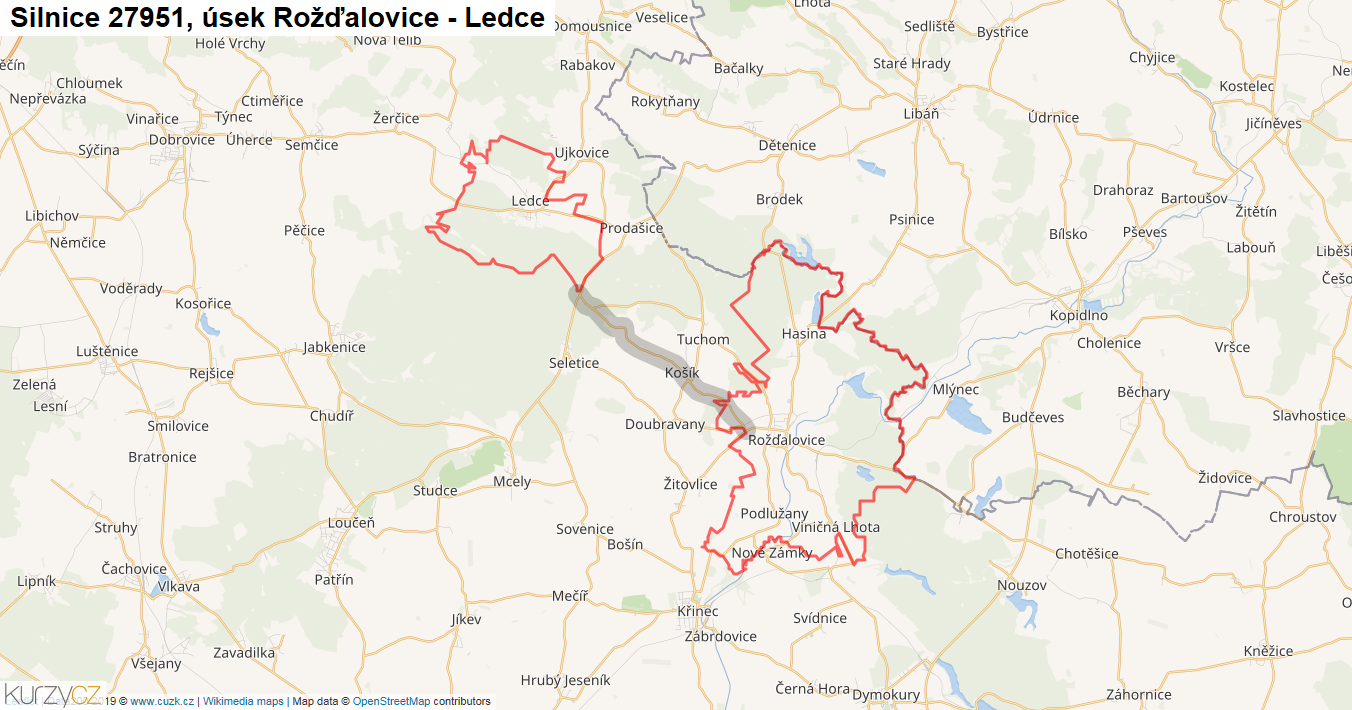 Úsek Rožďalovice - Ledce, Silnice 27951 - Mapa