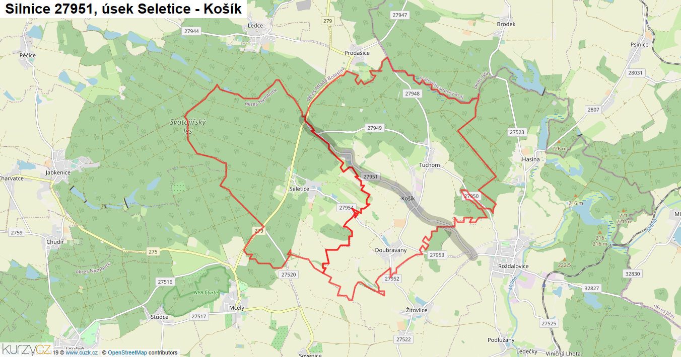 Úsek Seletice - Košík, Silnice 27951 - Mapa