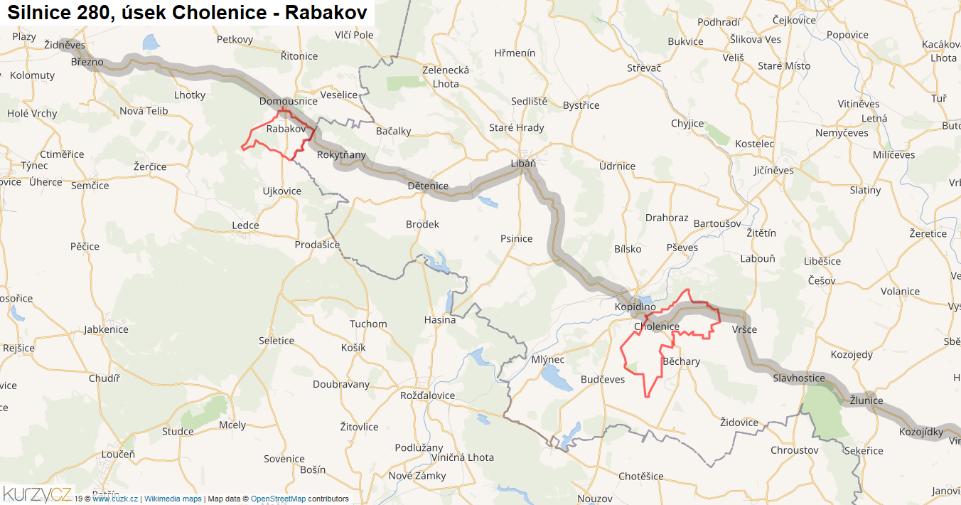 Úsek Cholenice - Rabakov, Silnice 280 - Mapa