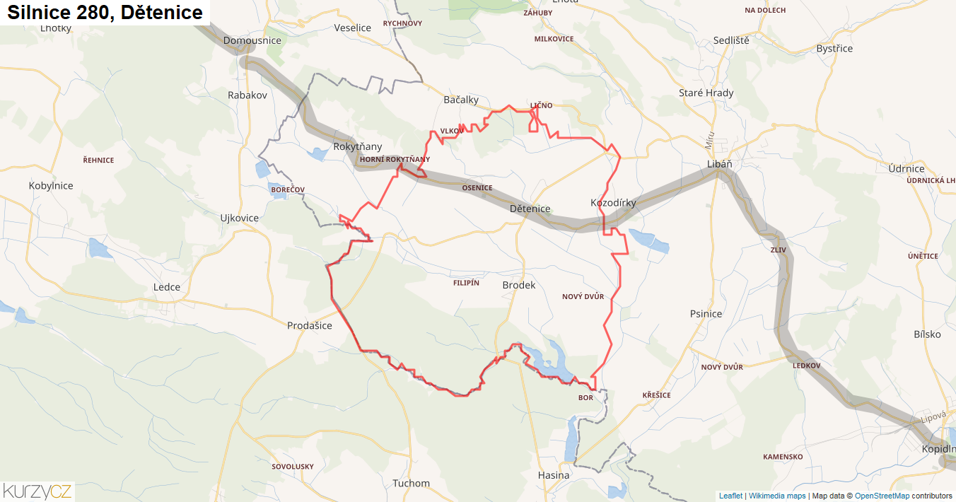 Dětenice, Silnice 280 - Mapa