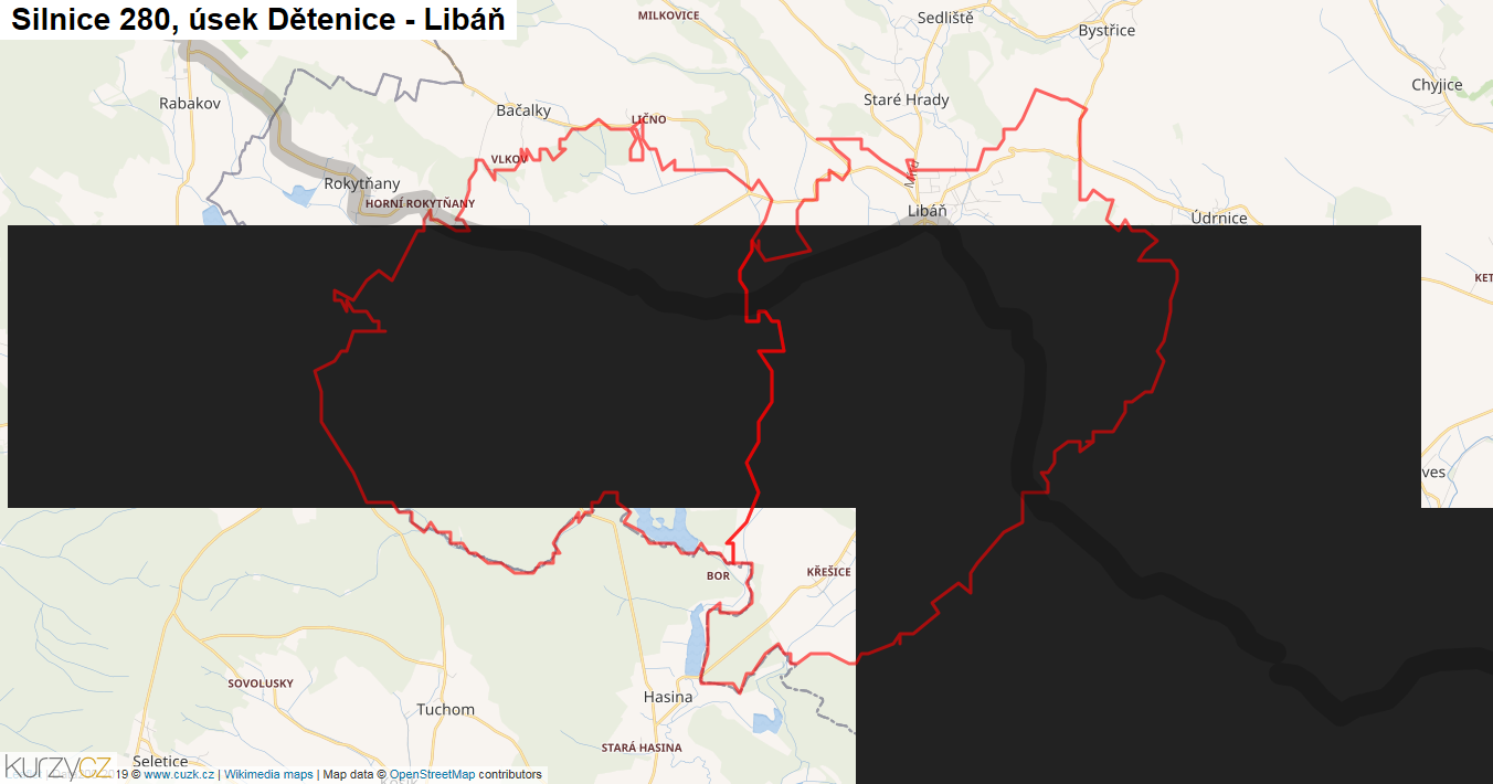 Úsek Dětenice - Libáň, Silnice 280 - Mapa