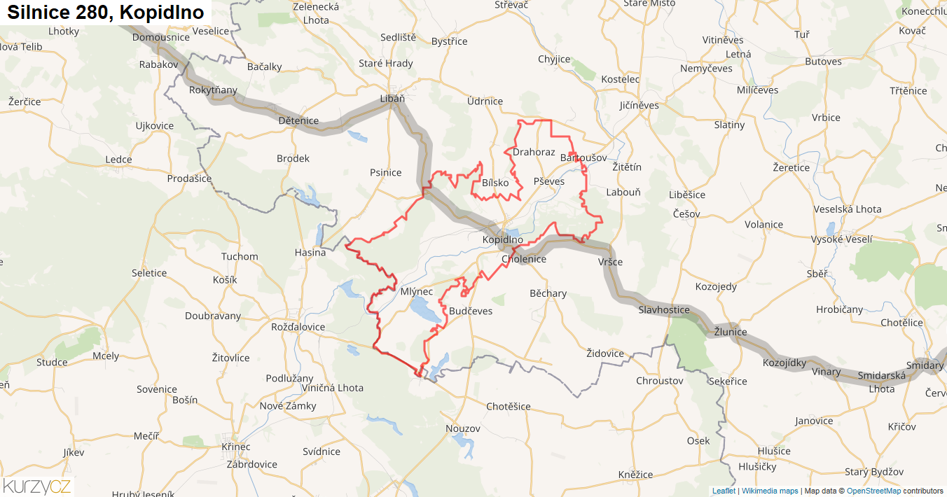 Kopidlno, Silnice 280 - Mapa