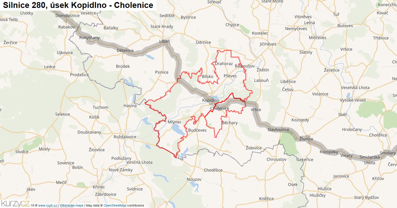 Úsek Kopidlno - Cholenice, Silnice 280 - Mapa