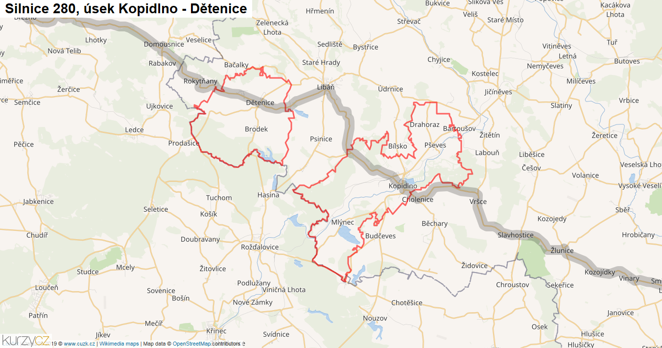 Úsek Kopidlno - Dětenice, Silnice 280 - Mapa