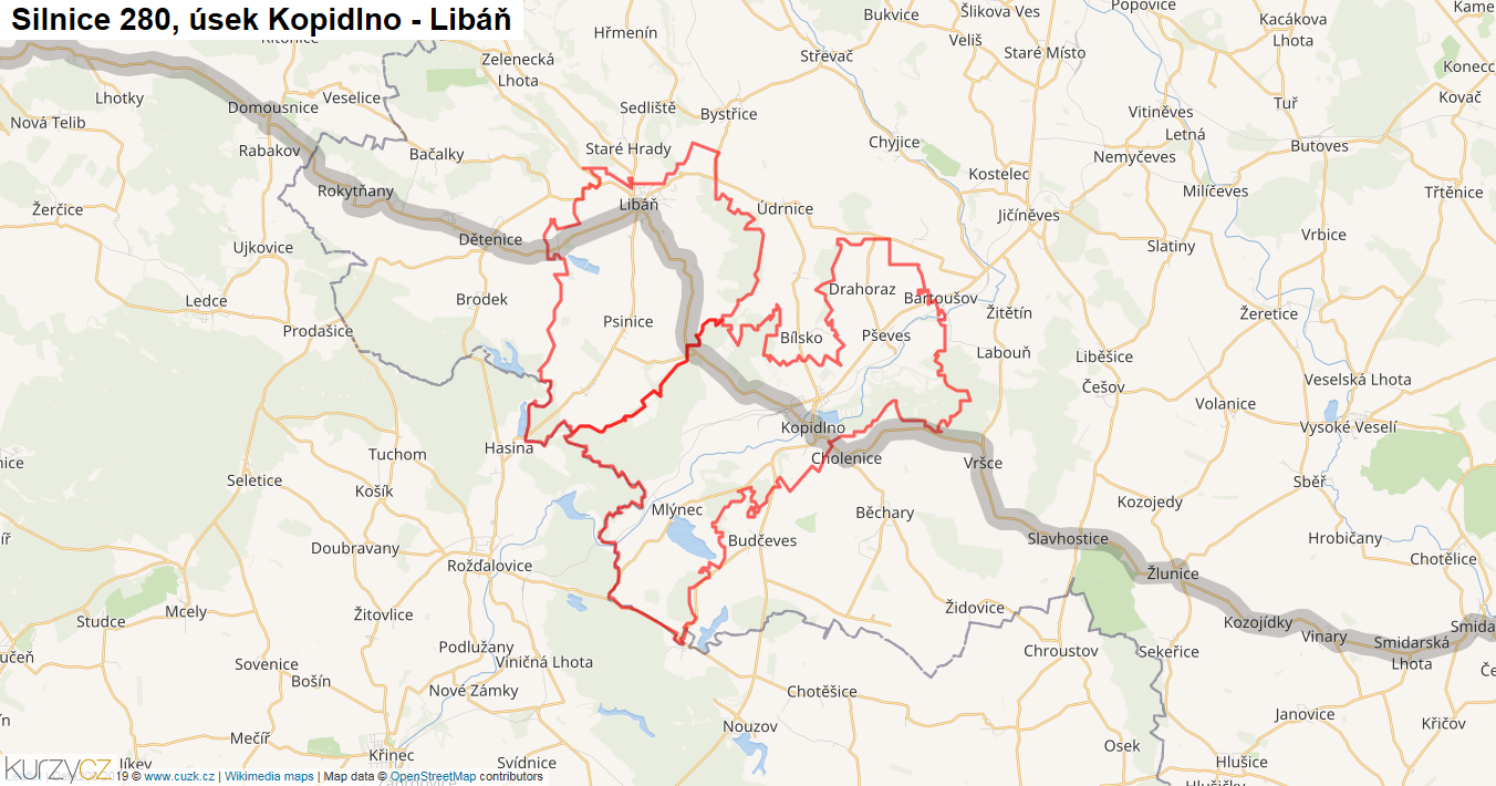 Úsek Kopidlno - Libáň, Silnice 280 - Mapa