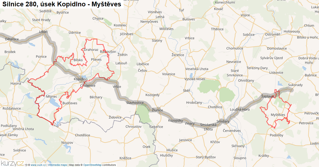 Úsek Kopidlno - Myštěves, Silnice 280 - Mapa
