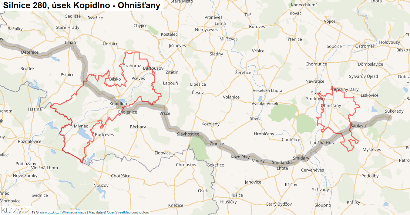 Úsek Kopidlno - Ohnišťany, Silnice 280 - Mapa
