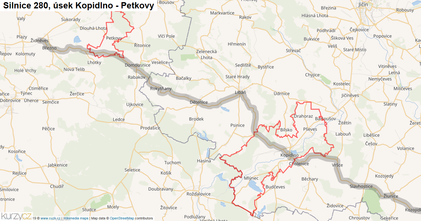 Úsek Kopidlno - Petkovy, Silnice 280 - Mapa