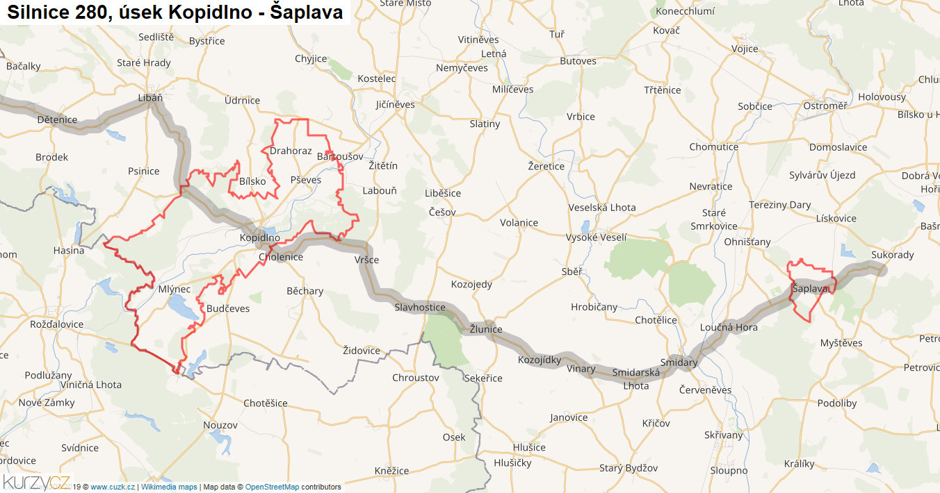 Úsek Kopidlno - Šaplava, Silnice 280 - Mapa