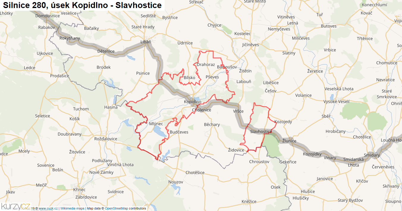 Úsek Kopidlno - Slavhostice, Silnice 280 - Mapa