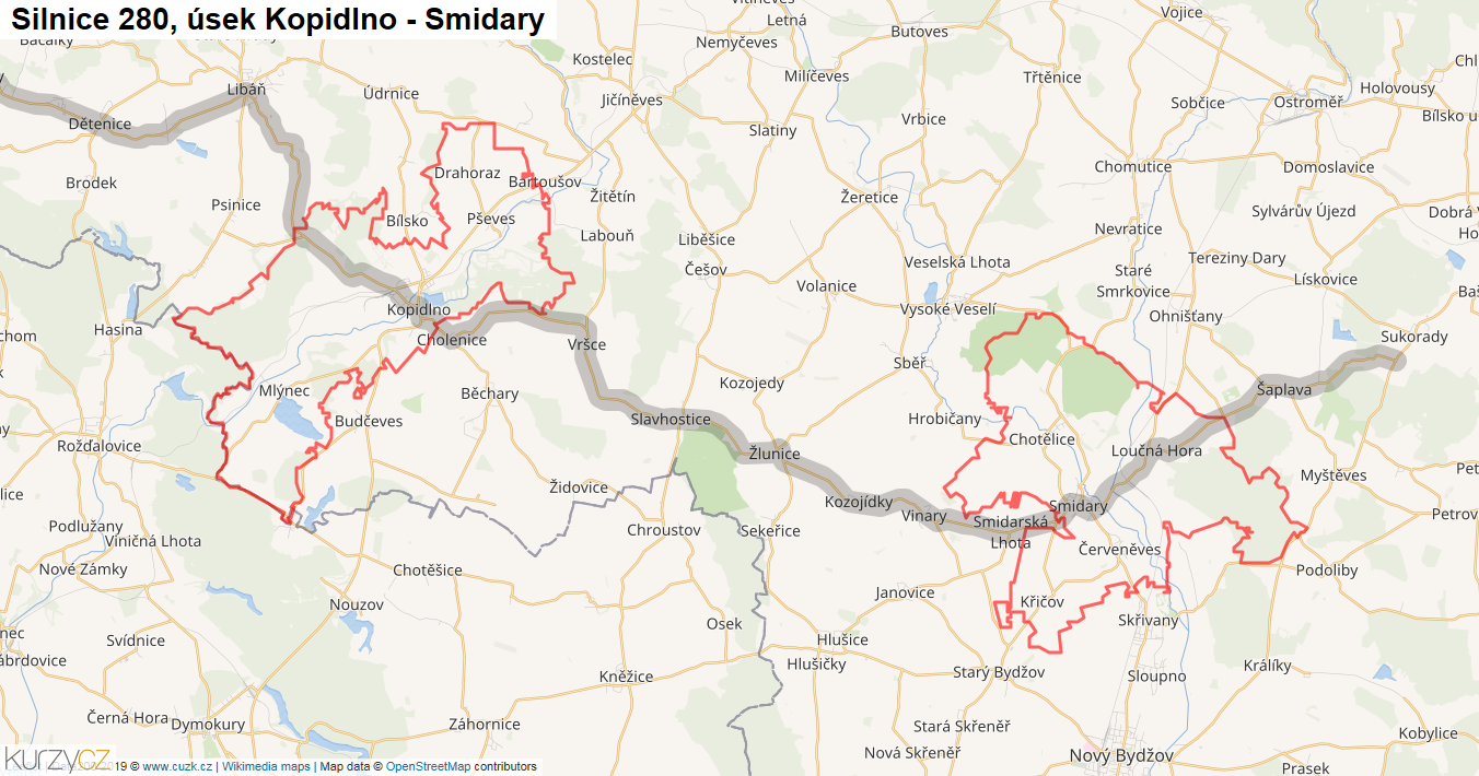 Úsek Kopidlno - Smidary, Silnice 280 - Mapa