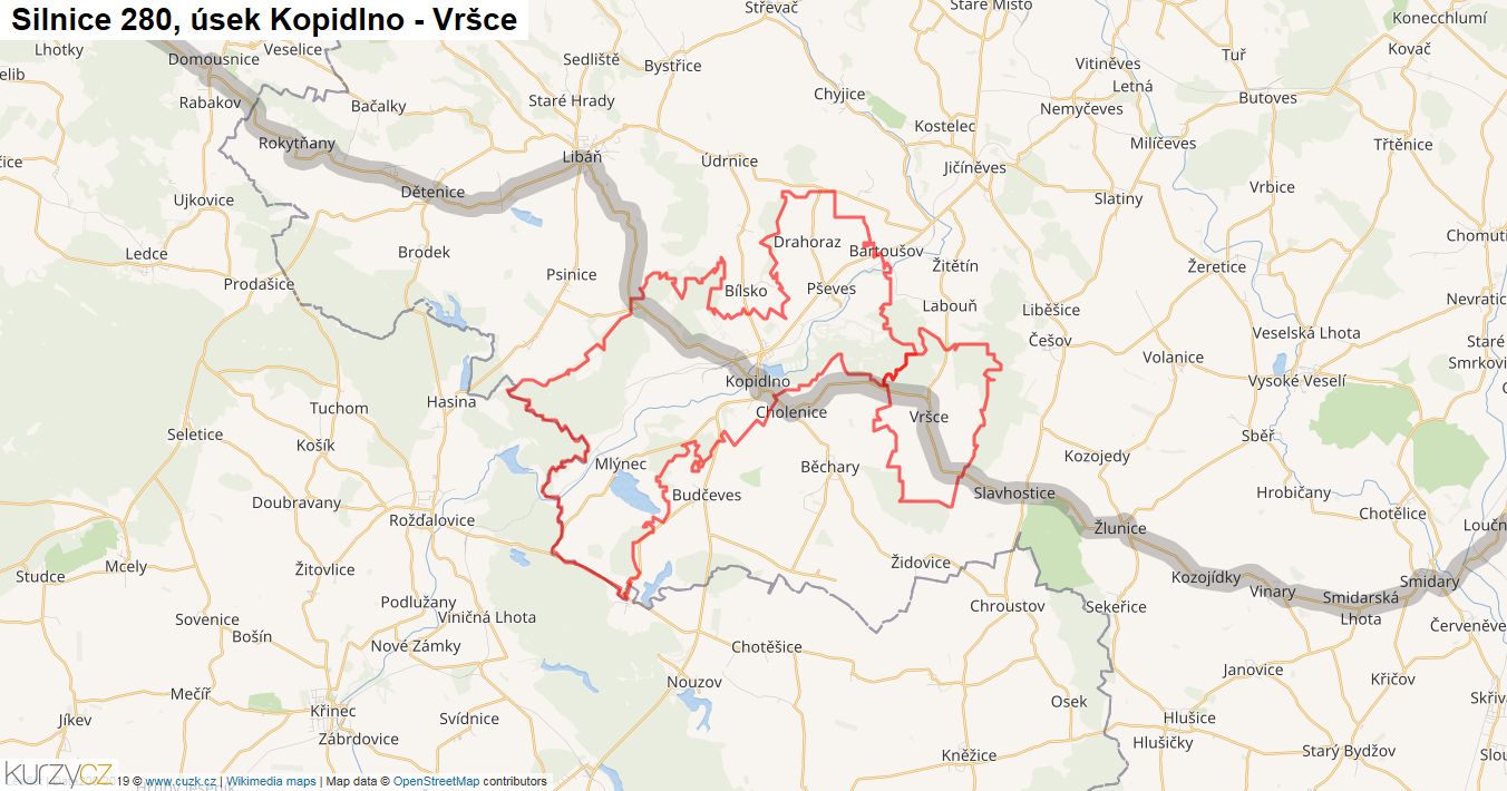 Úsek Kopidlno - Vršce, Silnice 280 - Mapa