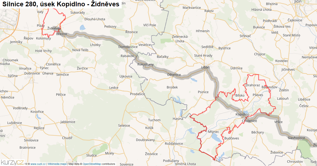 Úsek Kopidlno - Židněves, Silnice 280 - Mapa