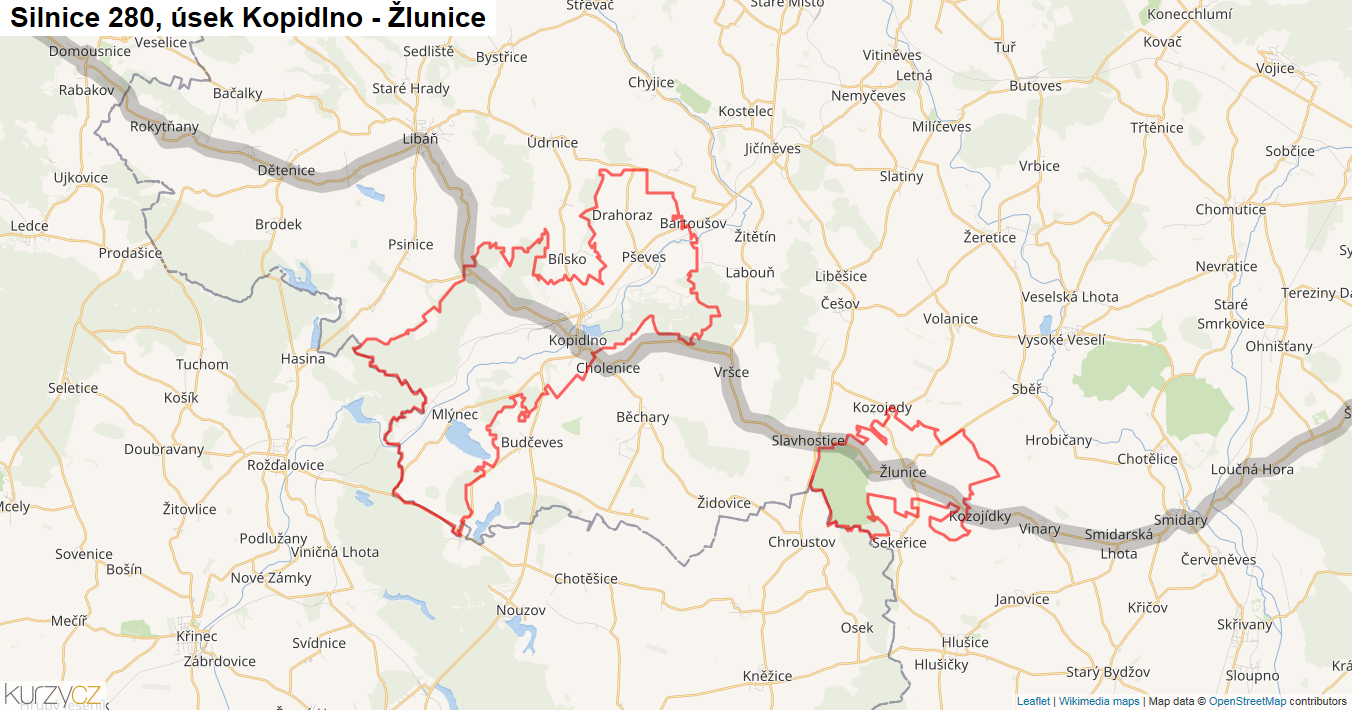 Úsek Kopidlno - Žlunice, Silnice 280 - Mapa