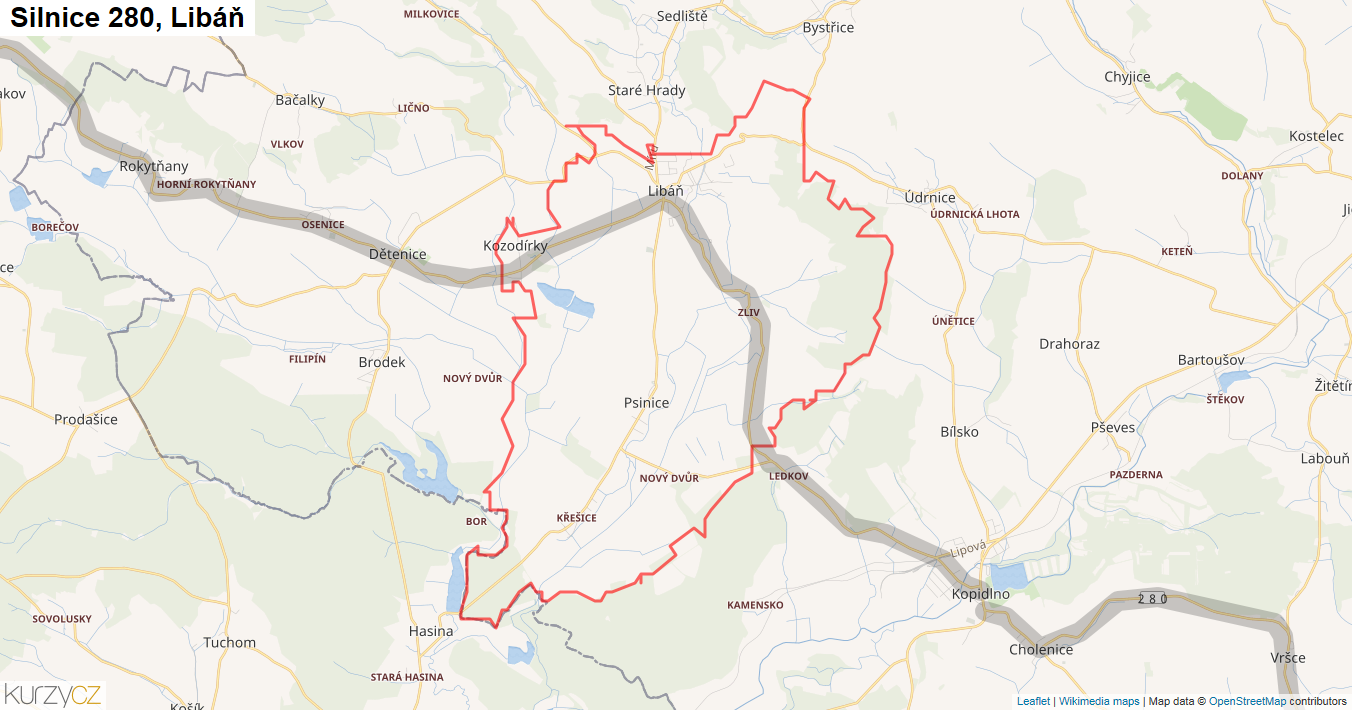 Libáň, Silnice 280 - Mapa