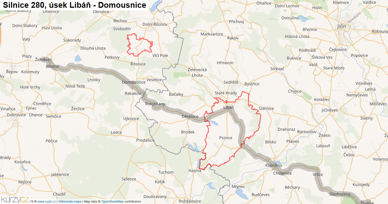 Úsek Libáň - Domousnice, Silnice 280 - Mapa