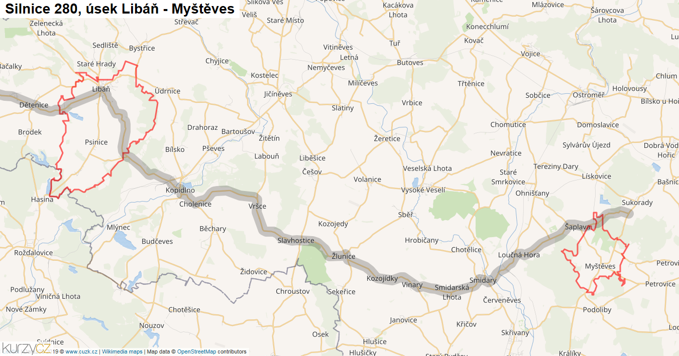 Úsek Libáň - Myštěves, Silnice 280 - Mapa